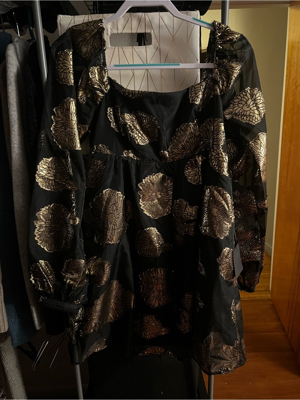Lulu's Black and Gold Puff Sleeve Mini Dress size L
